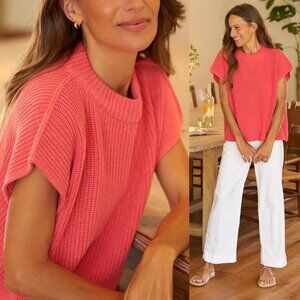 Frank & Eileen Montecito Vest Lobster Pink Pullover Italian Cotton Sweater XS